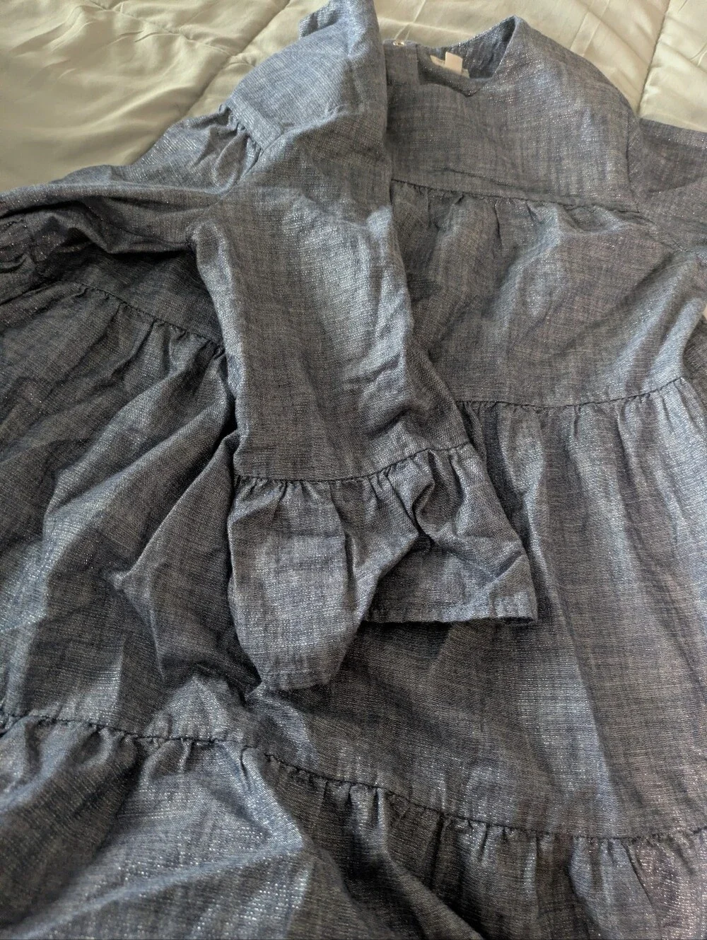Gymboree Girls Blue Cotton Chambray Silver Shimmer Ruffled Tiered Dress Sz 14